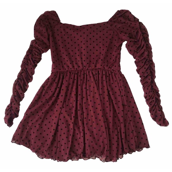 ASOS DESIGN flocked Burgundy Black Polka Dot ruched sleeve romper Size 8 - Picture 2 of 13